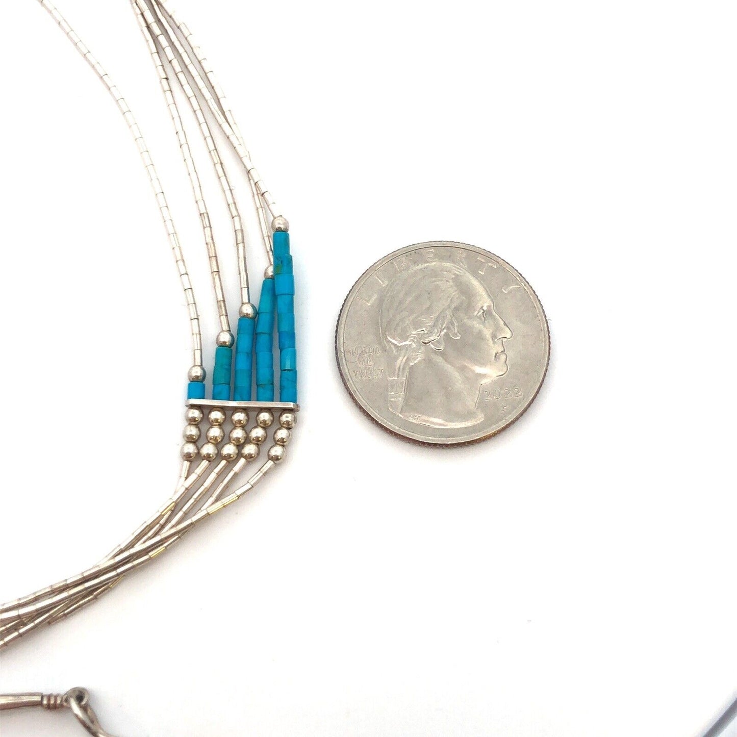 Native American 925 Sterling Silver Turquoise Liquid Silver 5 Strand Necklace