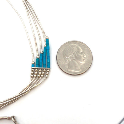 Native American 925 Sterling Silver Turquoise Liquid Silver 5 Strand Necklace