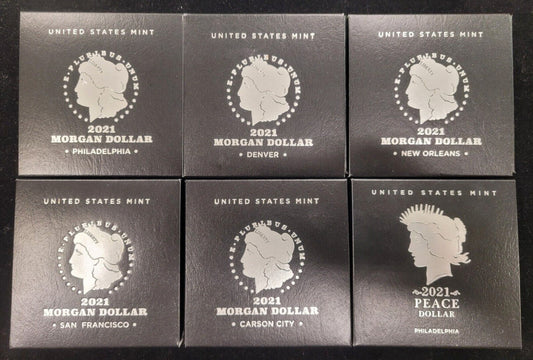 2021 Complete Six Coin Lot 999 Fine US $1 Morgan Peace Commemorative Unc Set