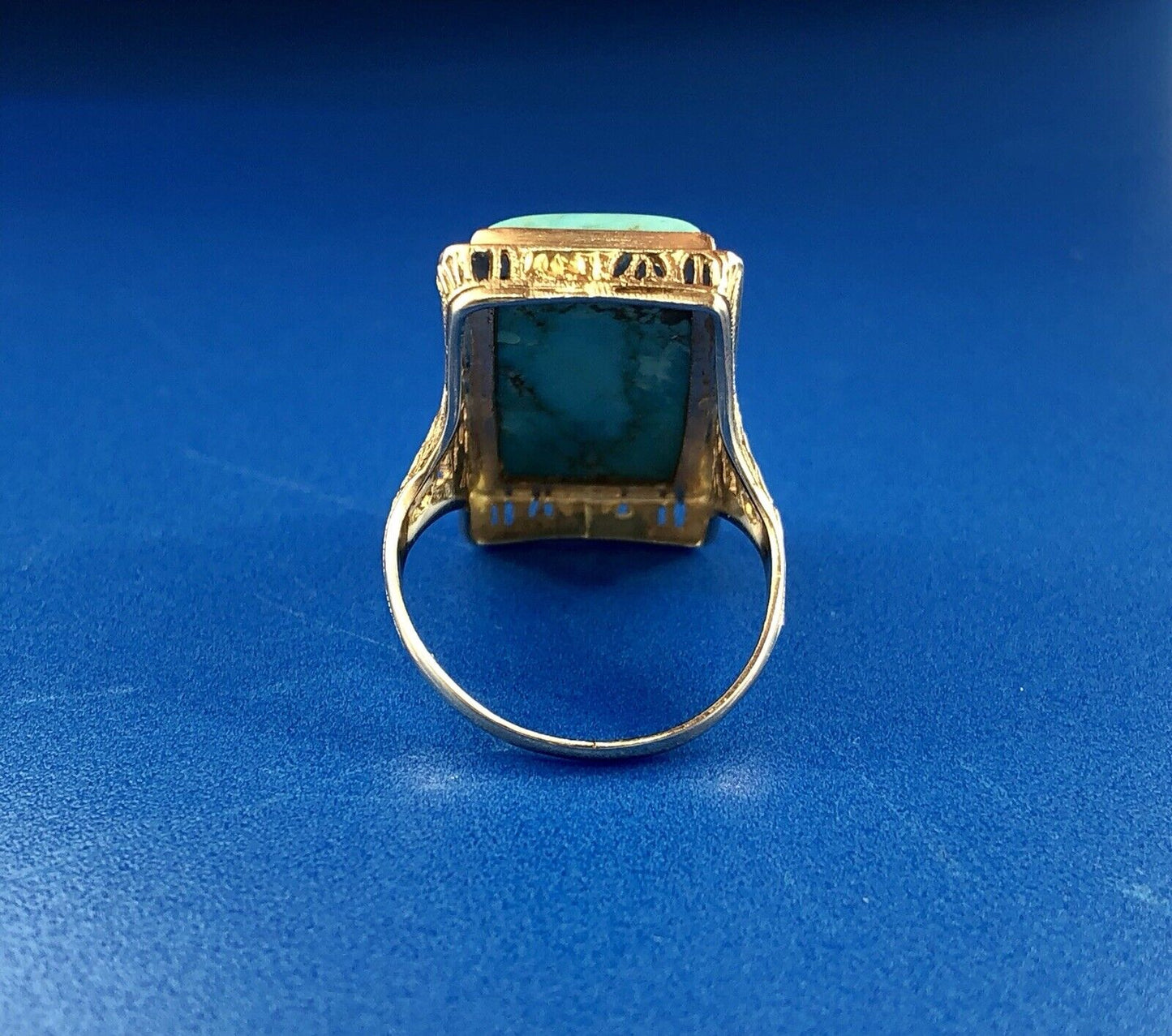 Art Deco Designer G & Co 14K White Gold Turquoise Filigree Statement Dinner Ring