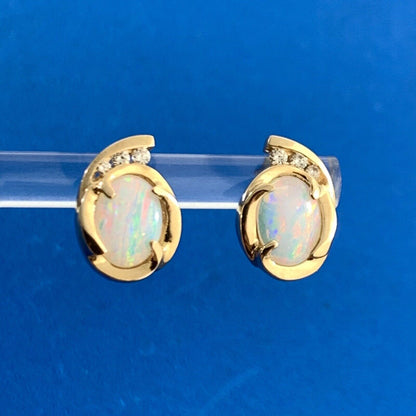 Designer 14K Yellow Gold Oval Opal Diamond Accented Stud Earrings