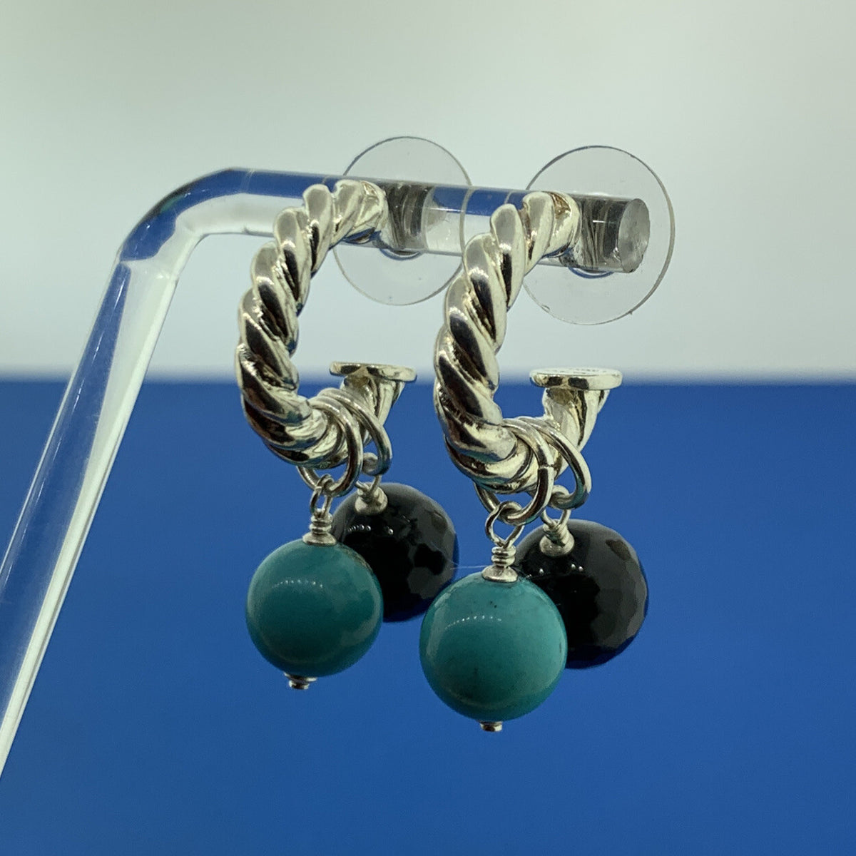 Silpada Sterling Silver 925 Turquoise Black Onyx Ribbed Cable Half Hoop Earrings
