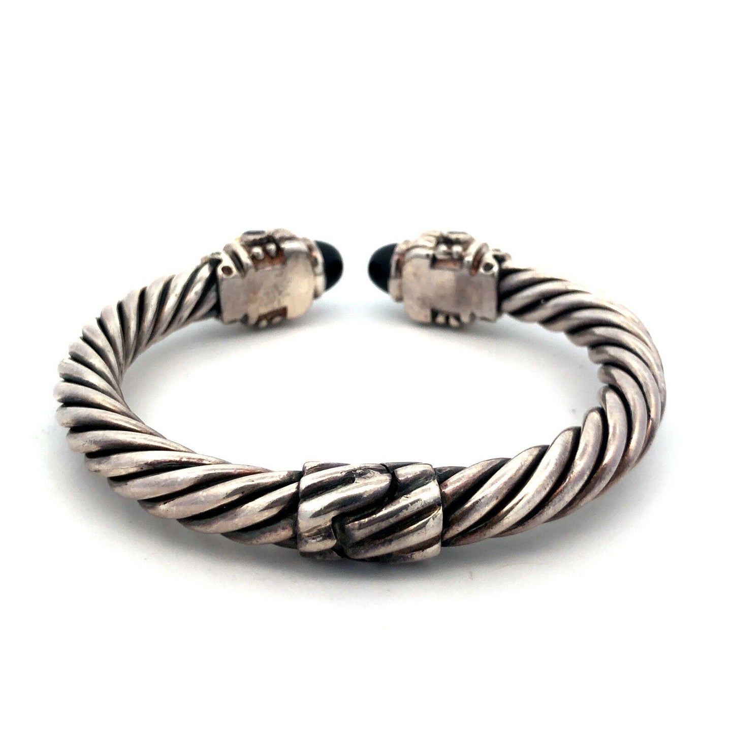 Designer 14K Gold 925 Sterling Silver Amethyst Black Onyx Cable Cuff Bracelet