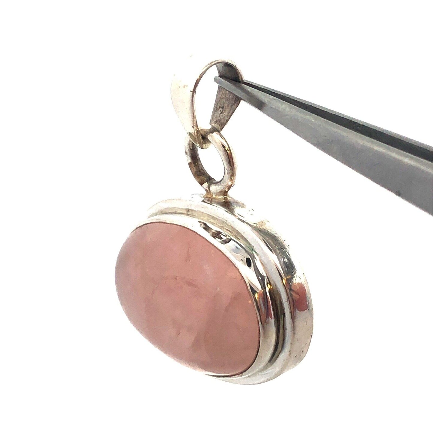Vintage 925 Sterling Silver Oval Rose Quartz Cabochon Statement Pendant