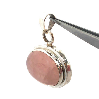 Vintage 925 Sterling Silver Oval Rose Quartz Cabochon Statement Pendant