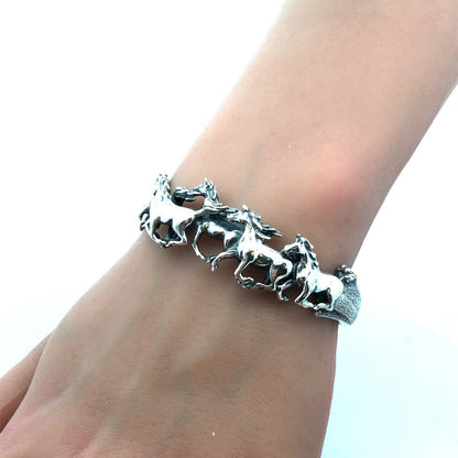 Vintage 925 Sterling Silver 3D Horse Galloping Equine Textured Cuff Bracelet