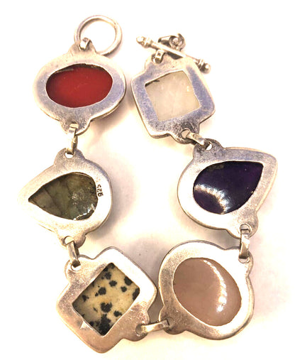 Multi Stone 925 Sterling Silver Chunky Statement Toggle Bracelet