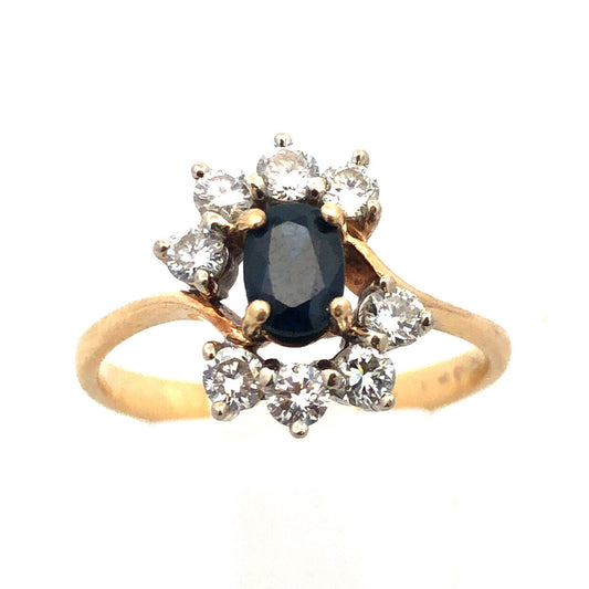 Gorgeous 14k Yellow Gold Oval Cut Sapphire Diamond Floral Cluster Ring Size 6.5