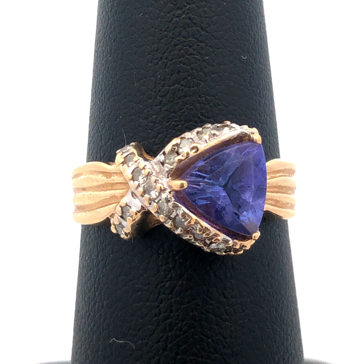 Custom 14k Yellow Gold Trillion Tanzanite Diamond X Ribbon Halo Size 7.25 Ring