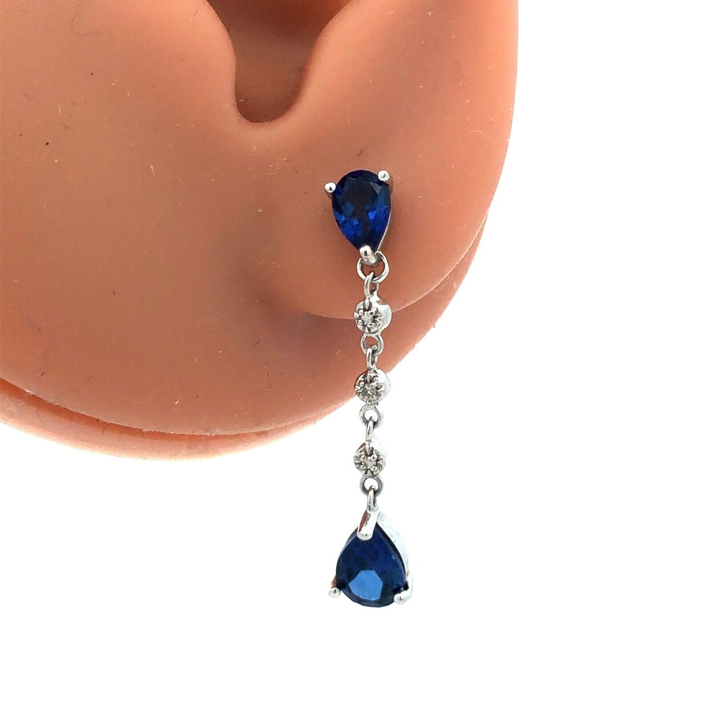 Designer 10K White Gold Pear Cut Blue Sapphire Diamond Drop Dangle Stud Earrings