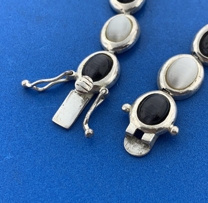 Vintage FAS Sterling Silver Black White Star Sapphire Cabochon Tennis Bracelet