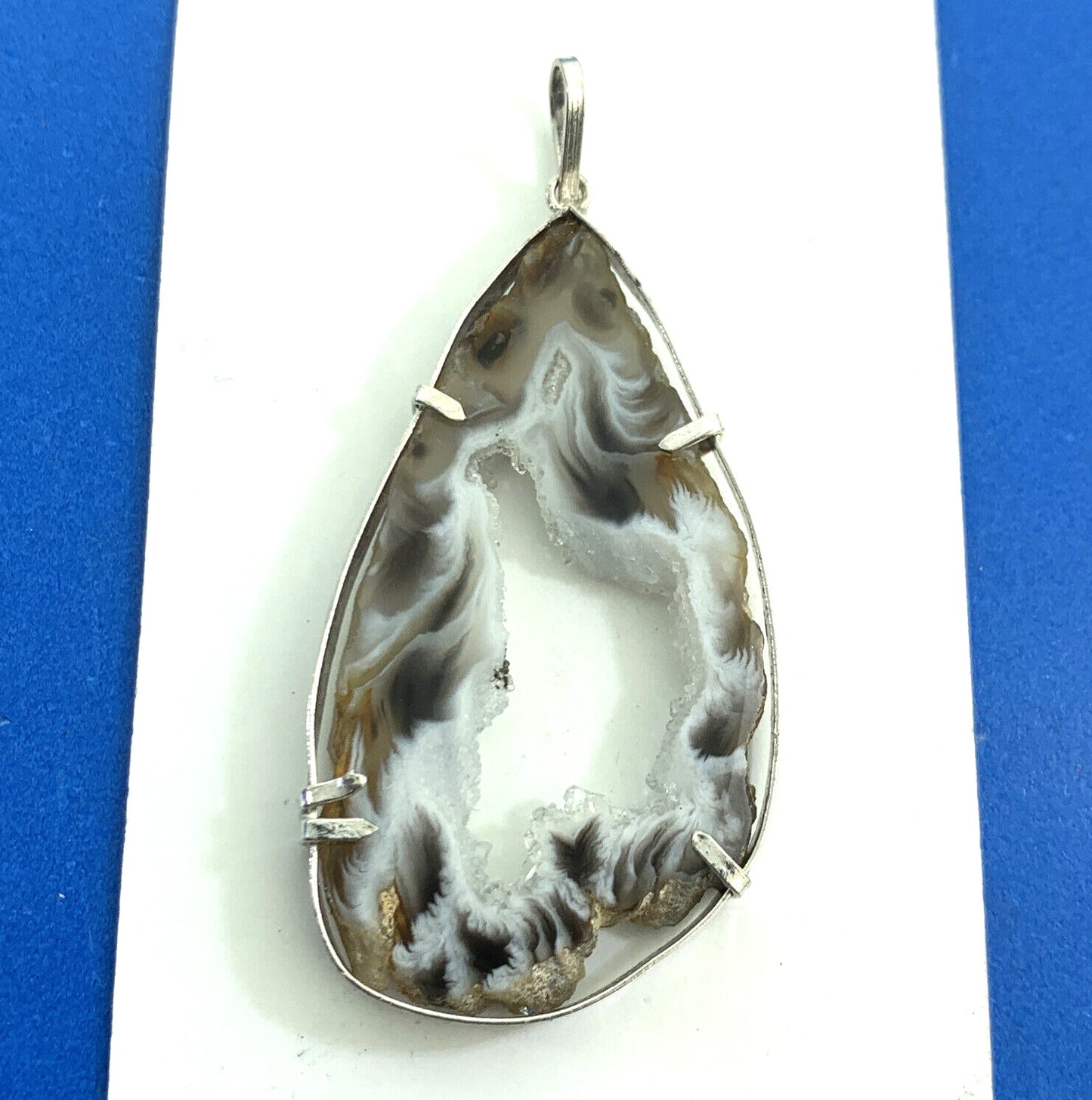 Estate Artisan 925 Sterling Silver Black White Quartz Druzy Geode Slice Pendant