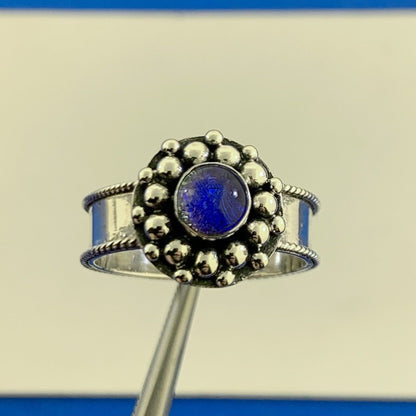 Unique 925 Sterling Silver Blue Glass Stone Round Cocktail Size 6.5 Ring