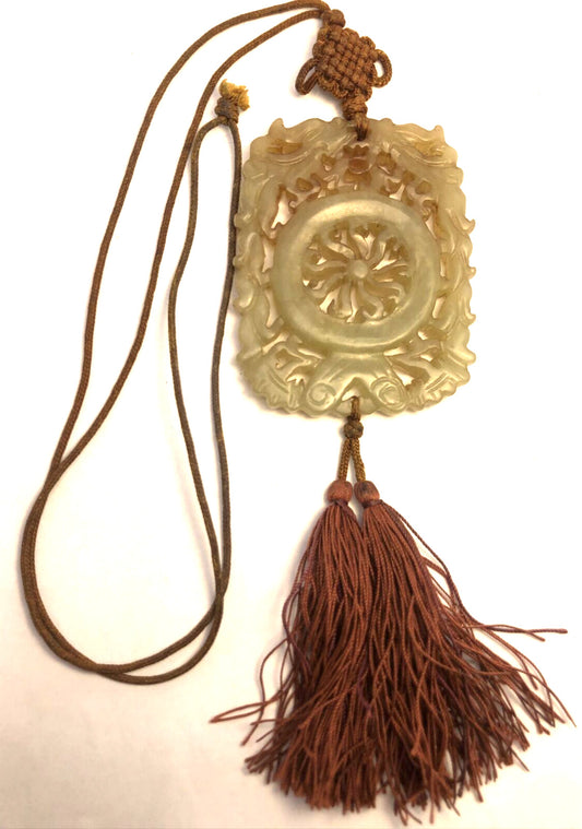 Vintage Green Jade Rectangle Carved Sun Brown Cord & Tassel Statement Necklace