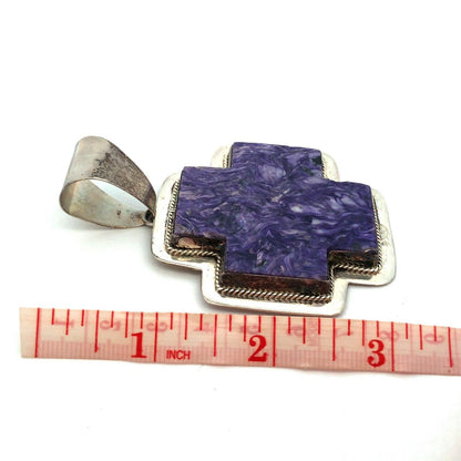 Native American Signed 925 Sterling Silver Charoite Statement Cross Pendant