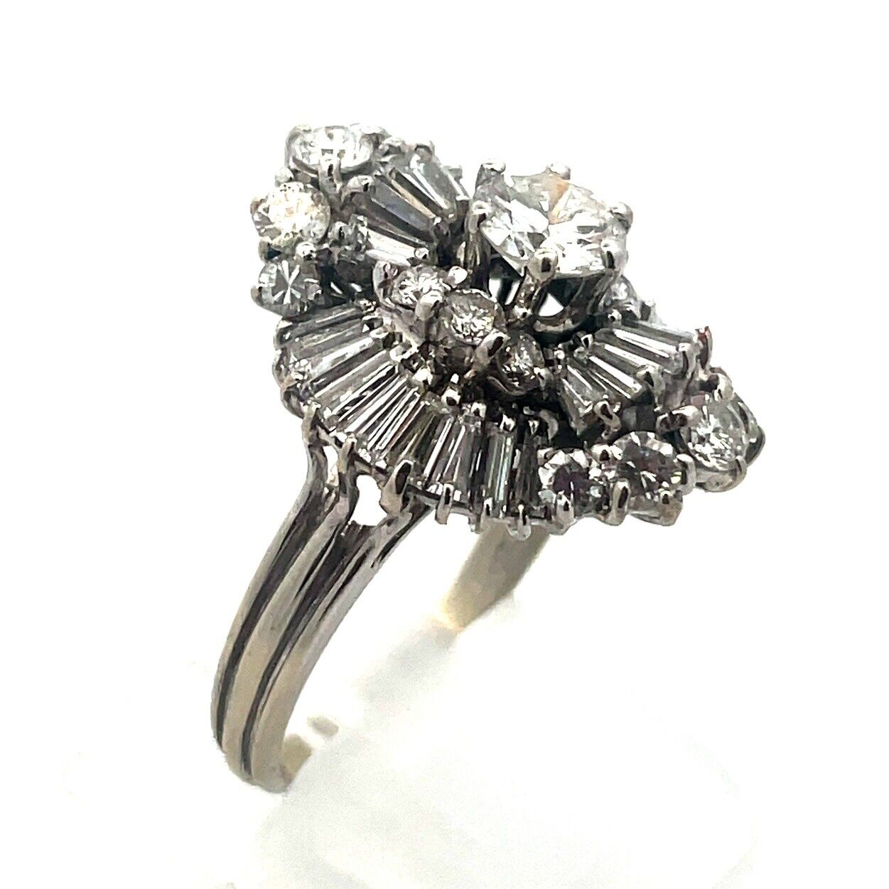 Estate 14K White Gold Round Diamond Center Waterfall Wave Accented Cocktail Ring