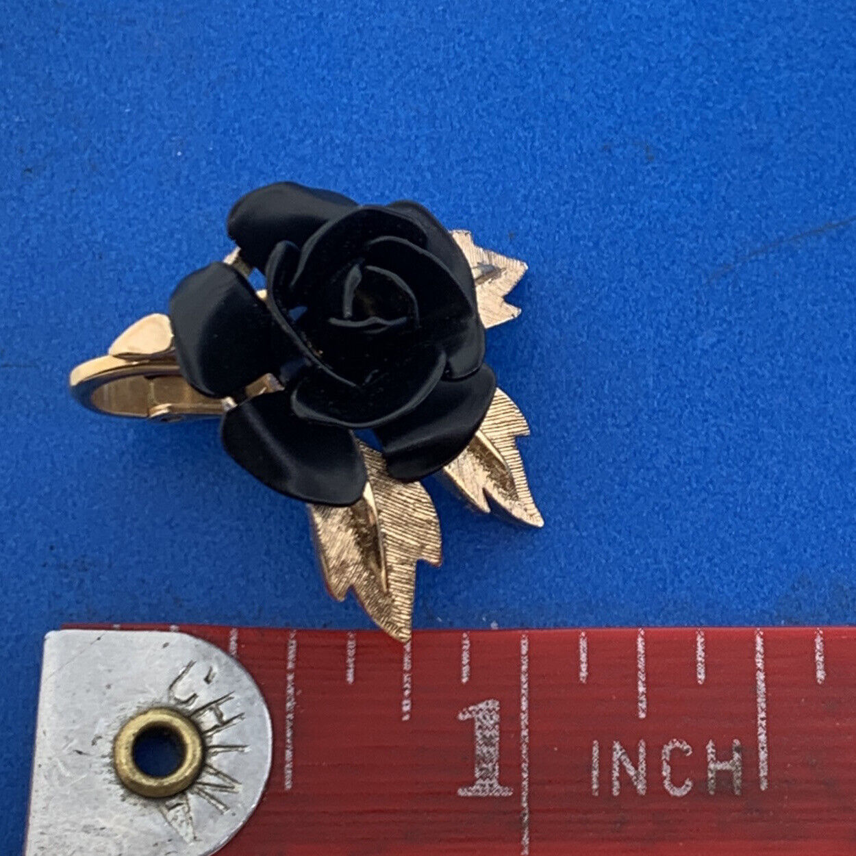 Mid Century Trifari Gold Tone Black Resin Rose Clip On Statement Earrings