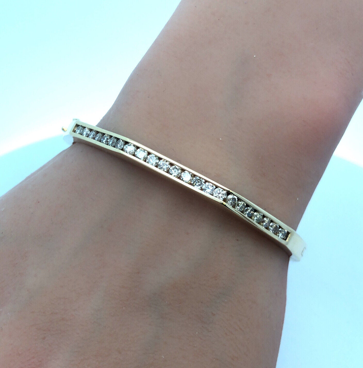 14K Yellow Gold Round Channel Diamond Geometrical Hinged Bangle Bracelet