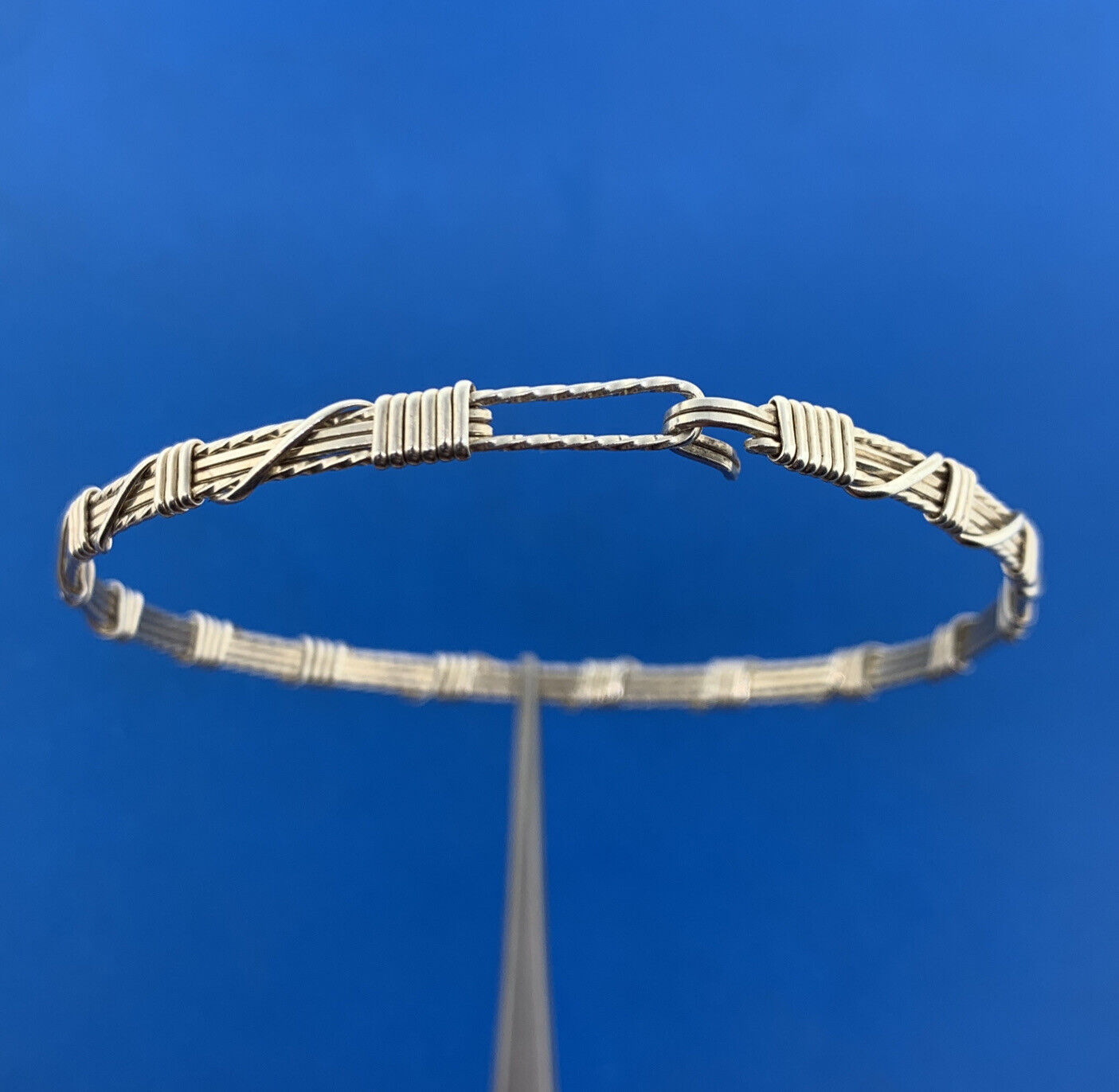 Artisan 925 Sterling Silver Wire Wrapped Bangle Hook Bracelet