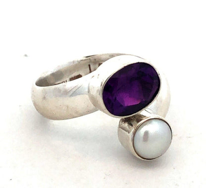 Designer LD 925 Sterling Silver Oval Purple Amethyst Pearl Bypass Ring