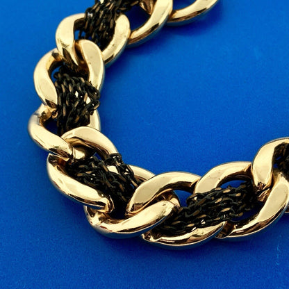 Ladies Gold Tone Curb Link Black Oval Cable Link Interwoven Statement Necklace