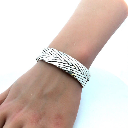 925 Sterling Silver Taxco TE-51 Mexico Braided Woven Statement Cuff Bracelet