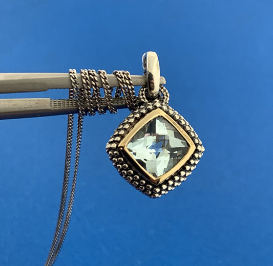 Designer T&C 925 Sterling Silver 14K Yellow Gold Square Blue Topaz Necklace