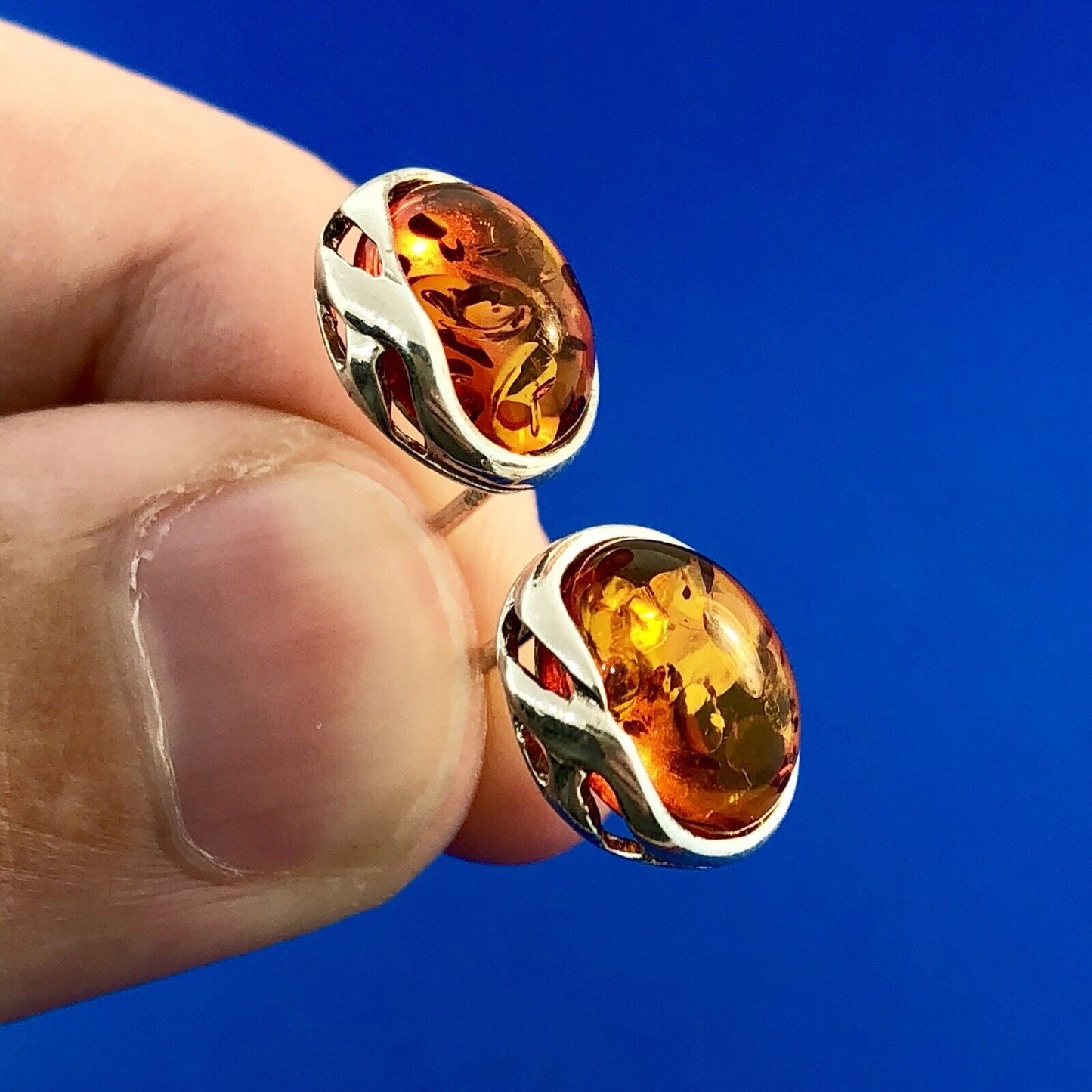 Retro 925 Sterling Silver Oval Baltic Amber Stud Earrings