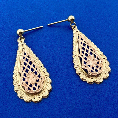 Vintage JCM 14K Yellow Rose Gold Floral Filigree Scroll Pear Dangle Earrings