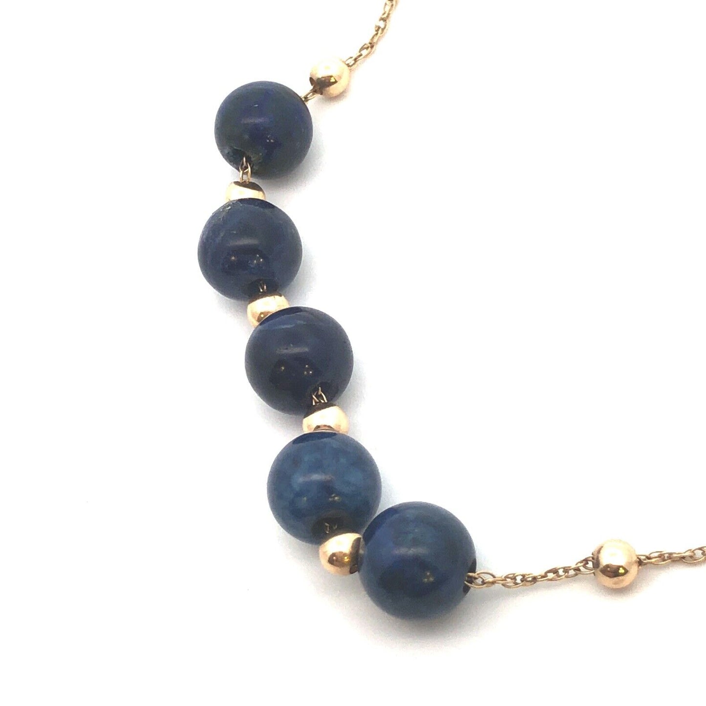 Designer 14K Yellow Gold Round Lapis Lazuli Beaded Chain Necklace