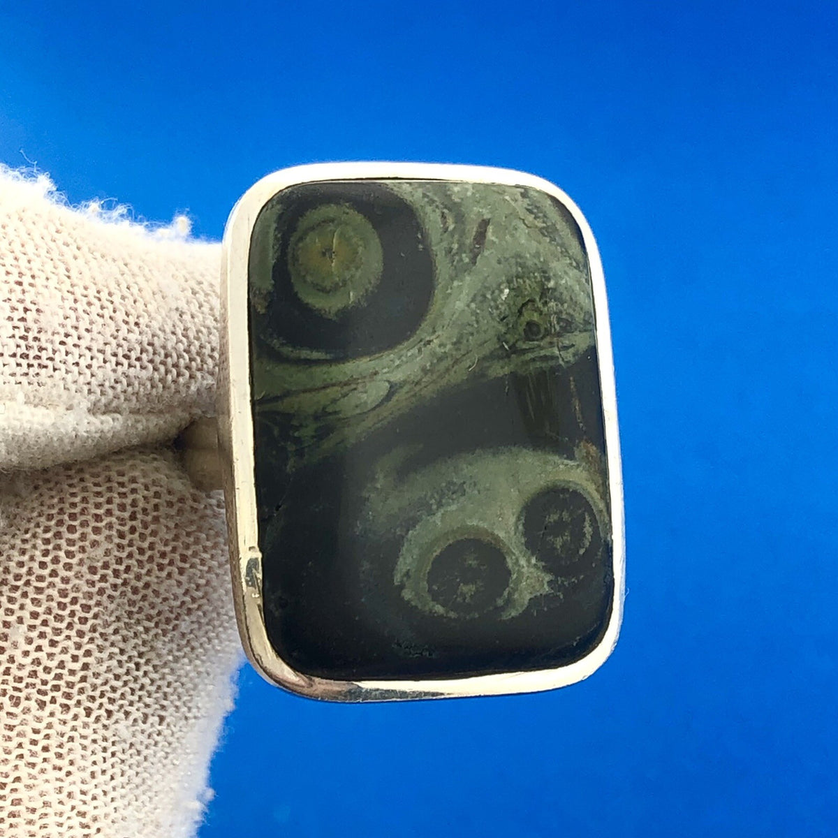 Modernist Sterling Silver Kambaba/Crocodile Eye Jasper Rectangle Statement Ring
