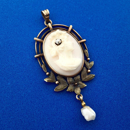 Victorian 10K Rose/Yellow Gold Pink Cameo Pearl Diamond Lavaliere Brooch Pendant