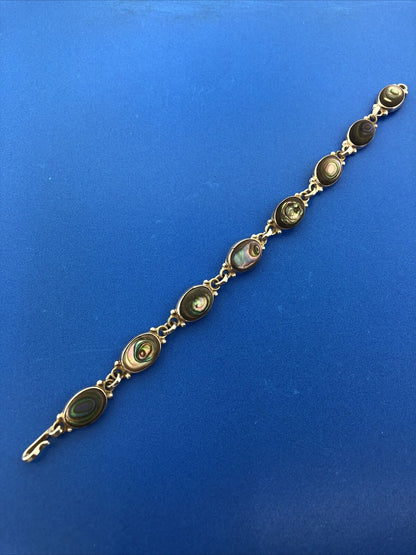 Vintage Taxco Mexico 925 Sterling Silver Abalone Oval Panel Link Bracelet