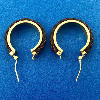 Jacmel JCM 14k Yellow Gold Braided Leather Rawhide Hoop Earrings