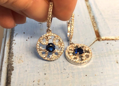 Elegant Sam & Co Sterling Silver 925 Blue Sapphire Diamond Drop Dangle Earrings