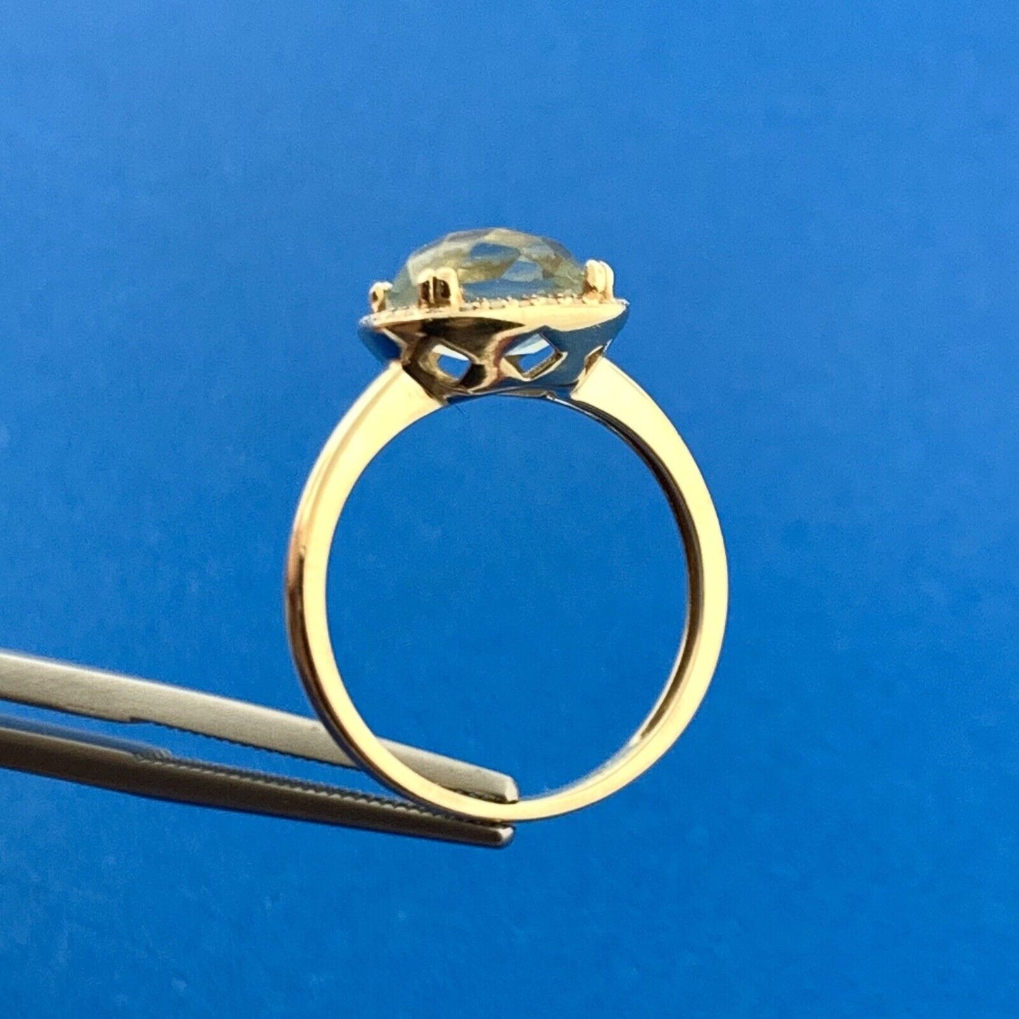 14k Yellow Gold Faceted Cushion Green Tourmaline Diamond Accent Size 6.25 Ring