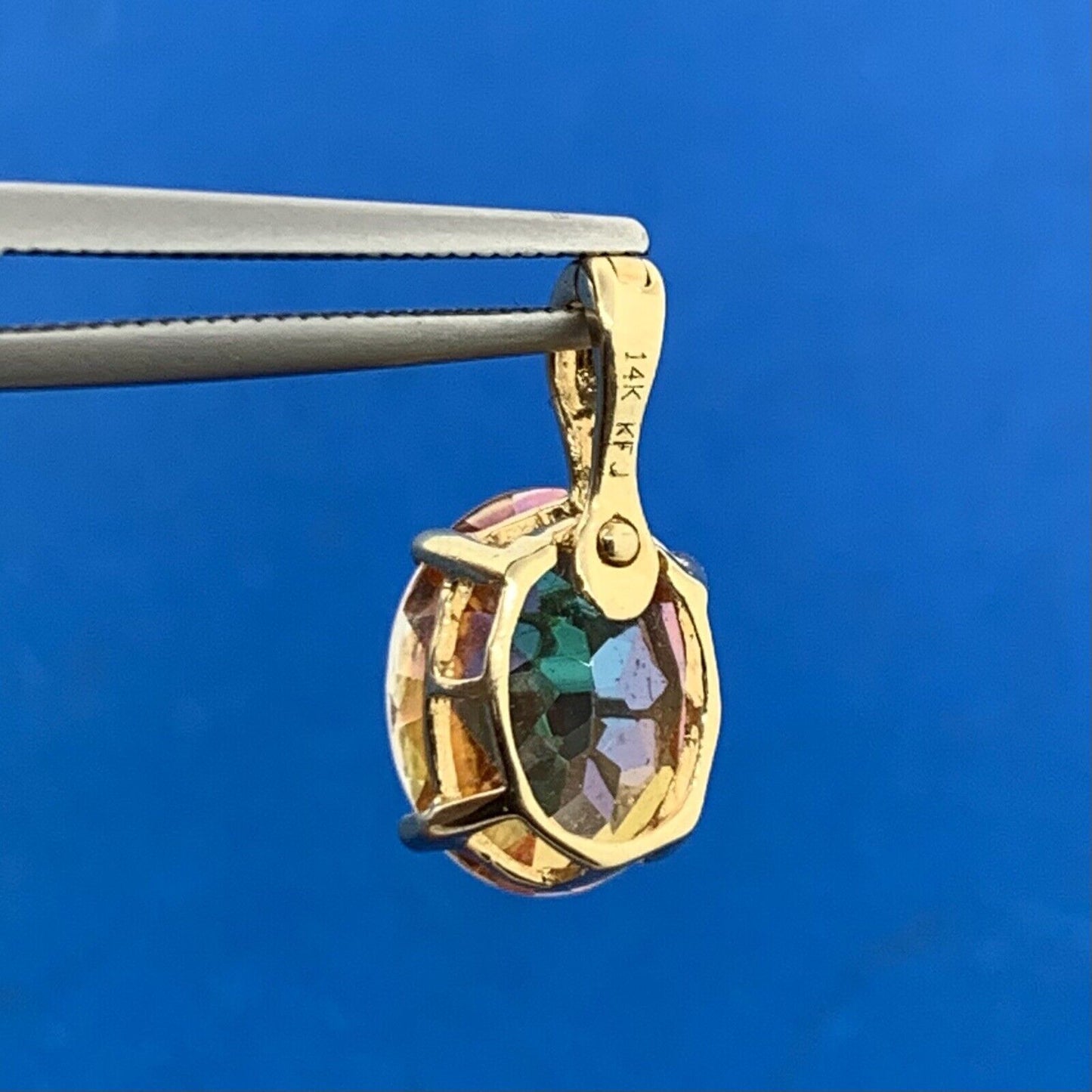 Designer 14K Yellow Gold Oval Mystic Topaz Solitaire Drop Pendant