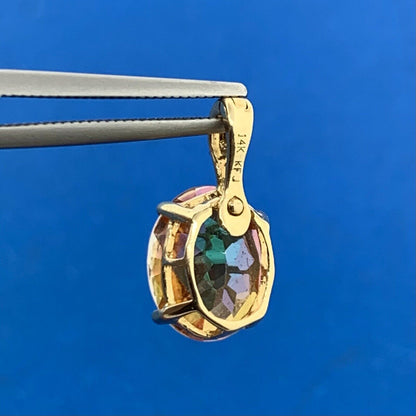 Designer 14K Yellow Gold Oval Mystic Topaz Solitaire Drop Pendant