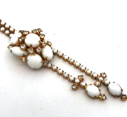 Mid Century Gold Tone Milk Glass Rhinestone Pendant Lariat Choker Necklace