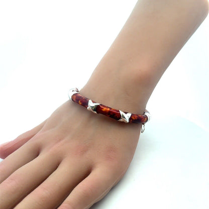 Milor Italy Sterling Silver Tortoise Shell Enamel Oval Hinged Bangle Bracelet