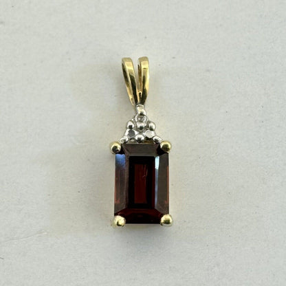 Designer LGL 10K Yellow Gold Emerald Cut Garnet Diamond Accents Petite Pendant