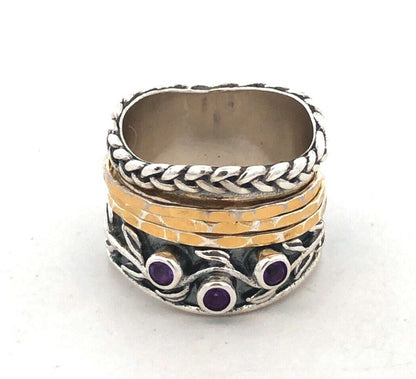 PAZ Creations 925 Sterling Silver Two Tone Amethyst Vine Wide Spinner Band Ring