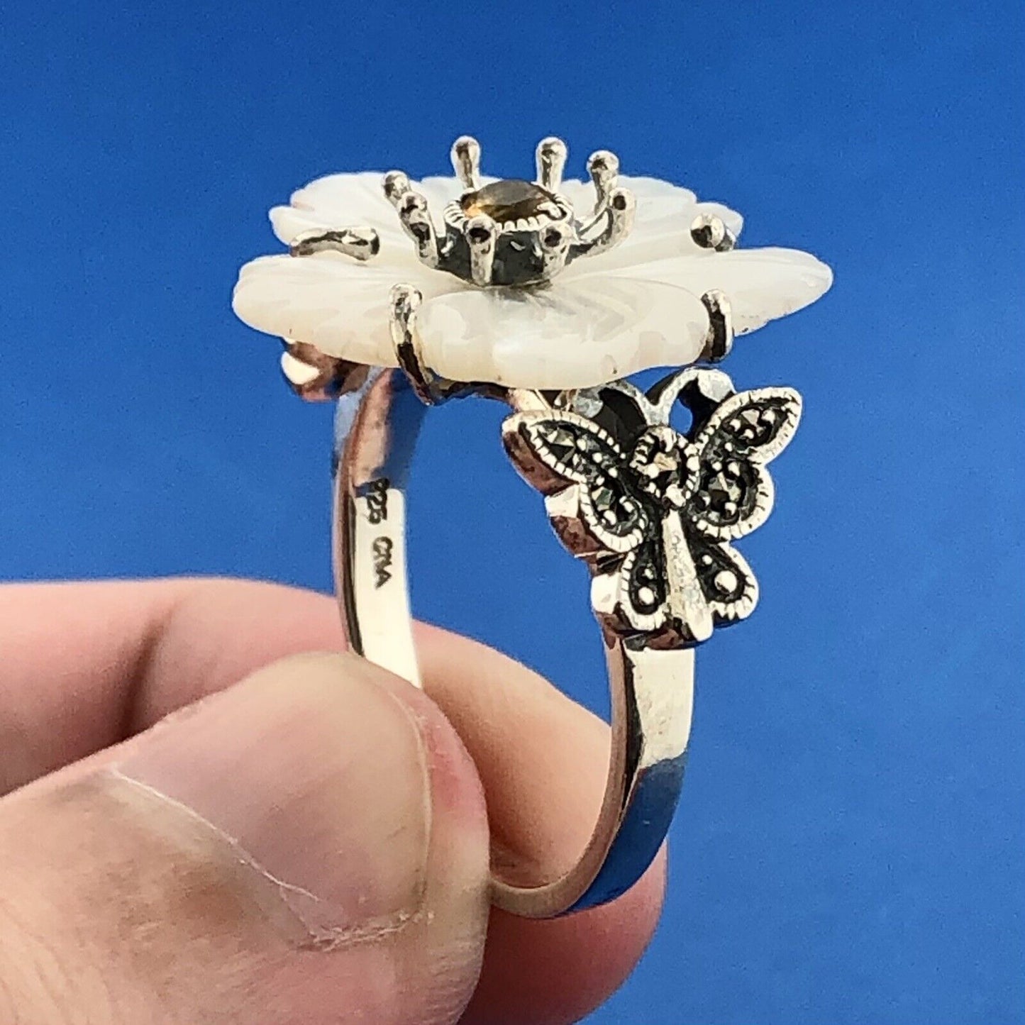 Sterling Silver Citrine Marcasite Mother of Pearl Flower Butterfly Ring Size 9