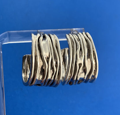 Sterling Silver 925 Wide Ribbon Textured Open Hoop Stud Earrings