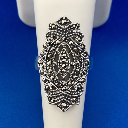 Retro 925 Sterling Silver Marcasite Filigree Scroll Statement Cocktail Ring