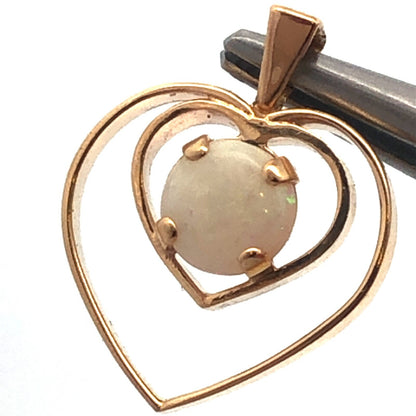 Designer 14K Yellow Gold Round Opal Open Work Double Heart Pendant