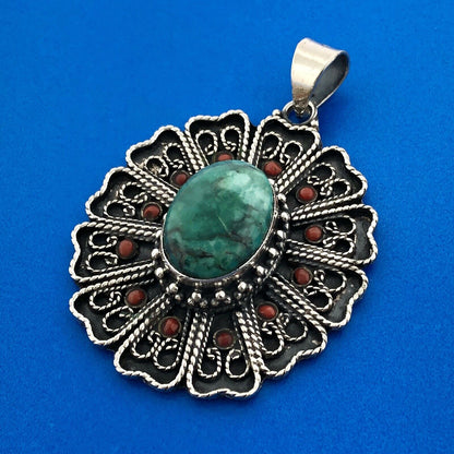 Stunning Sterling SIlver 925 Cabochon Turquoise Coral Accent Floral Pendant