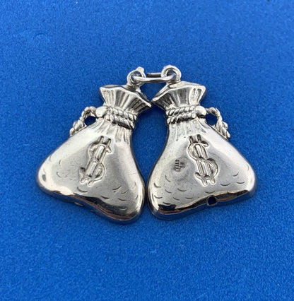Designer AL Sterling Silver Double Money Bag $ Riches Good Luck Pendant Charm