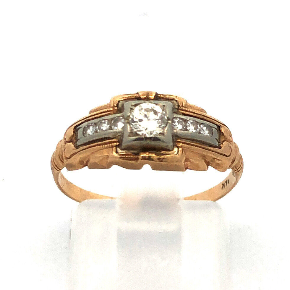 Art Deco 14K Yellow Gold Round Diamond Engagement Anniversary Ring