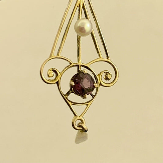 Vintage 10K Yellow Gold Amethyst Rice Pearl Dangle Filigree Swirl Pendant